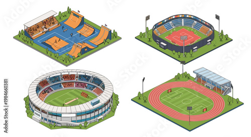 Collection of four isometric sports stadium illustrations including a skatepark baseball field soccer pitch and cricket arena.