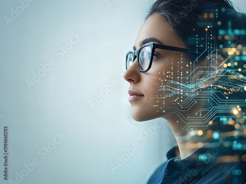 Side profile of woman wearing glasses, overlaid with digital circuits, reflecting technology and innovation.