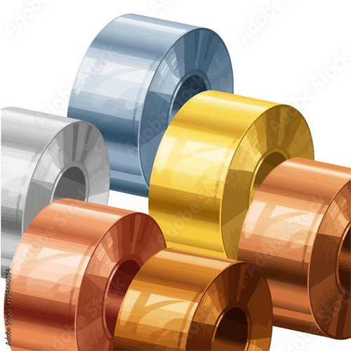 Rolls of Metal: Silver, Gold, Copper - Industrial Materials Background