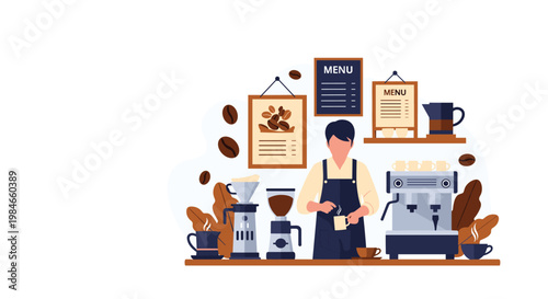 Professional barista preparing drinks in a modern coffee shop with various brewing equipment and espresso machines in flat style.