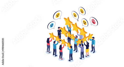 Group of people holding up large gold stars with smiley face emoji bubbles representing customer feedback and high ratings.