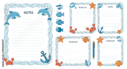 Nautical themed stationery set with dolphins crabs fish and anchors for notes and to-do lists in a cute hand drawn illustration.