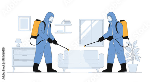 Professional disinfection service workers in blue hazmat suits spraying furniture in a living room for pest control and sanitation.
