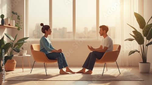 Two people sitting in comfortable chairs in a well-lit room, facing each other and engaged in conversation, with large windows and plants in the background