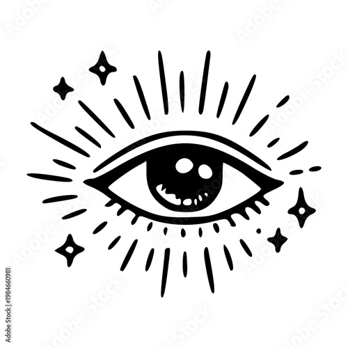 Foto mystical all seeing eye with sunburst and stars line art