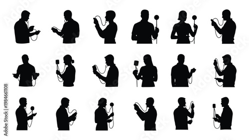 Silhouette collection depicting individuals using vintage communication devices like early mobile phones high quality professional detailed