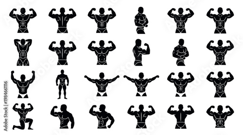 Collection of black silhouette bodybuilder icons showcasing various muscular poses on white background, concept for fitness center branding, gym logo design and sports competition advertising