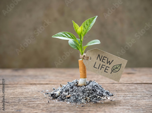 cigarette transforming into green plant from ashes quit smoking and new life concept