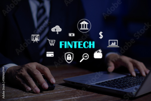 FinTech Financial Technology and Digital Banking. Businessman use computer laptop fintech online banking,  Banking and Currency, Digital Wallet and Digital Money.