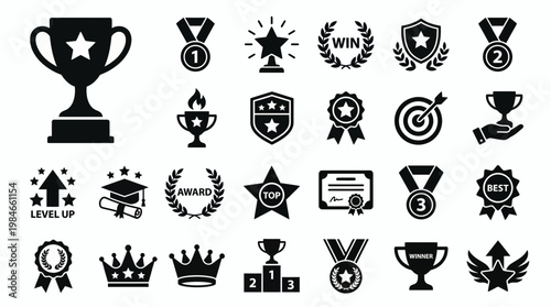 Black trophy and award icon collection set featuring medals, stars, crowns and laurel wreaths on a white background, concept for business achievement, academic excellence and sporting competition
