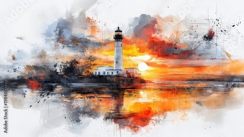 Lighthouse painting on water a serene painting capturing a lighthouse standing tall against a vast body of water