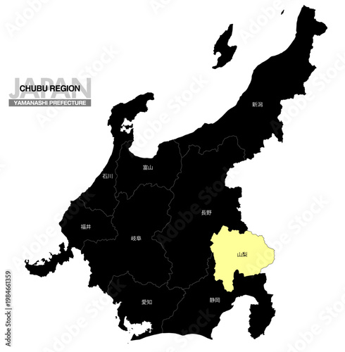 [日本地図] 中部地方の山梨県の県名入り位置地図