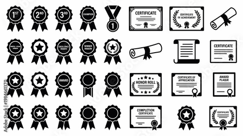 Large collection of black award ribbons, medals and professional certificate icons set against a white background, concept for academic achievement, business competition and professional recognition