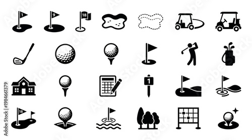 Set of black golf icons featuring balls, clubs, carts and businessmen players on white background, concept for sports equipment catalog, corporate branding and mobile game interface