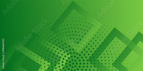 Abstract green geometric background with overlapping diamond shapes and halftone dot pattern. Modern dynamic backdrop for tech, environmental, and business designs