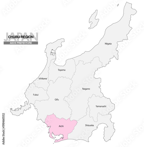 [日本地図] 中部地方の愛知県の県名入り位置地図 (英語)