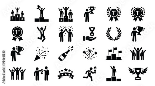 Collection of success icons featuring business manager silhouettes celebrating on podiums with trophies and award medals, concept for corporate leadership, professional growth and competition