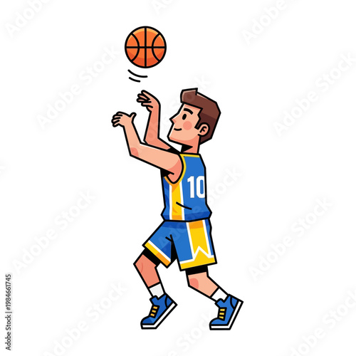 Cartoon Basketball Player Dribbling and Shooting Ball in Game