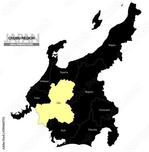 [日本地図] 中部地方の岐阜県の県名入り位置地図 (英語)
