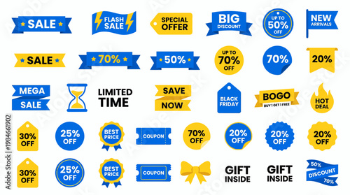 Large set of retail promotional sale badges and discount label tags in blue and yellow colors on white background, concept for marketing campaign, retail promotions and seasonal advertising