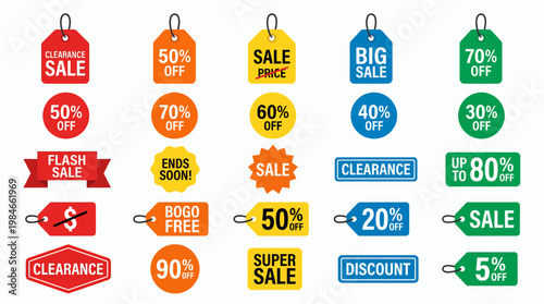 Set of colorful sale tags and discount labels with various percentage offers on white background, concept for retail marketing, promotional advertising and commercial business