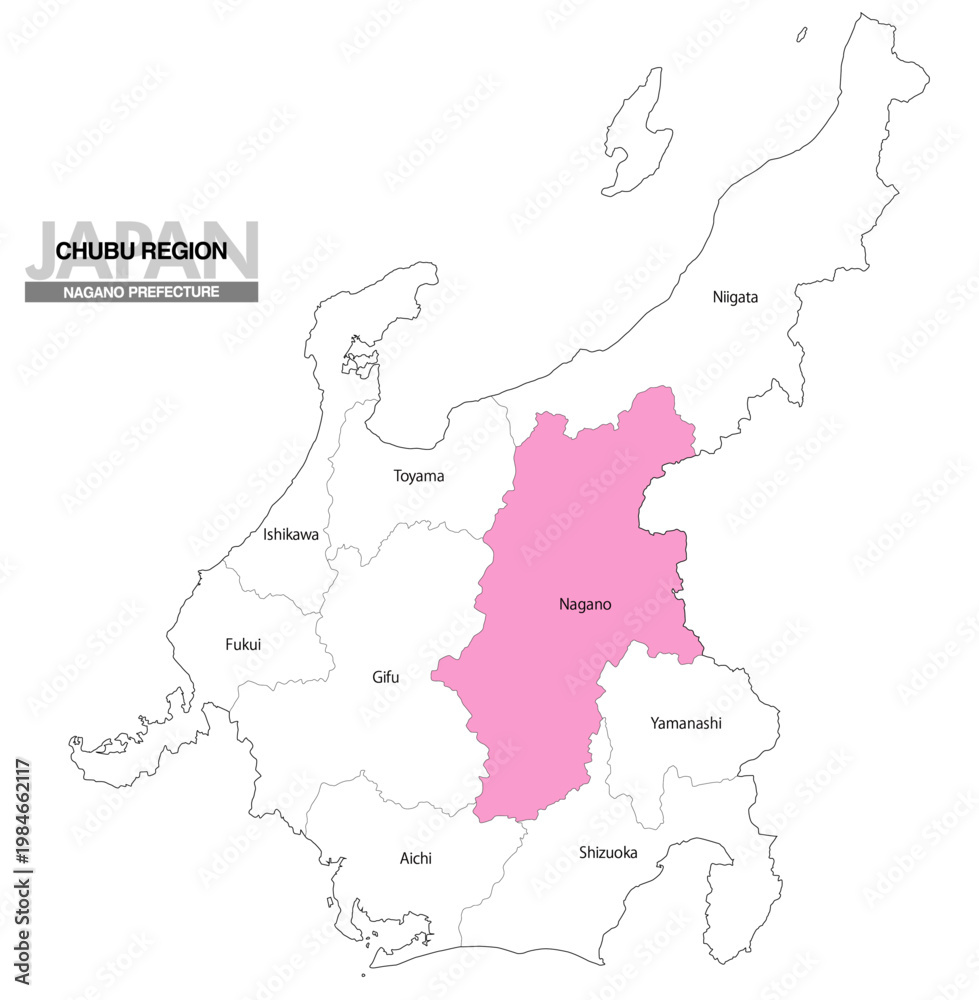 Obraz premium [日本地図] 中部地方の長野県の県名入り位置地図 (英語)