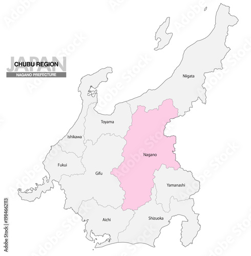 [日本地図] 中部地方の長野県の県名入り位置地図 (英語)
