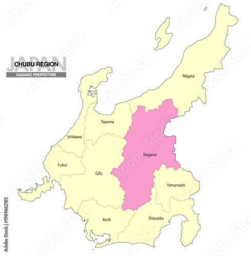 [日本地図] 中部地方の長野県の県名入り位置地図 (英語)