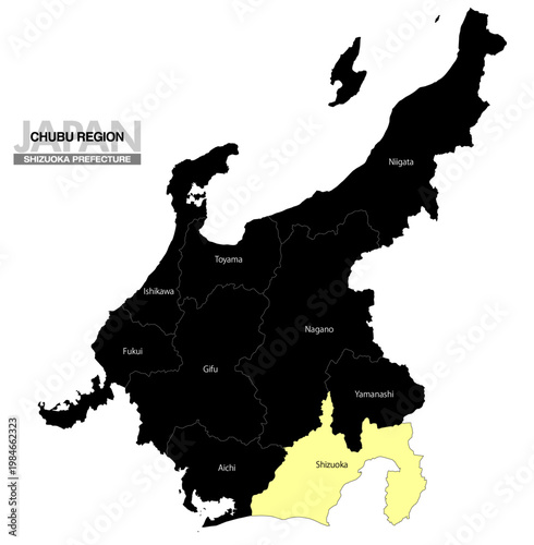 [日本地図] 中部地方の静岡県の県名入り位置地図 (英語)