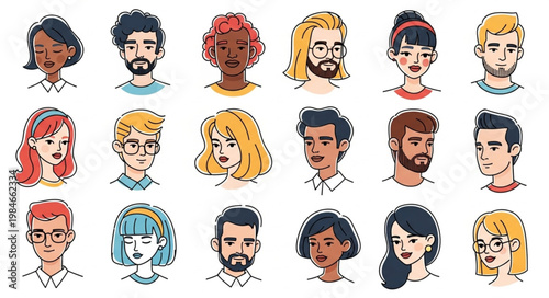 Diverse Group of Hand Drawn People Portraits Collection.