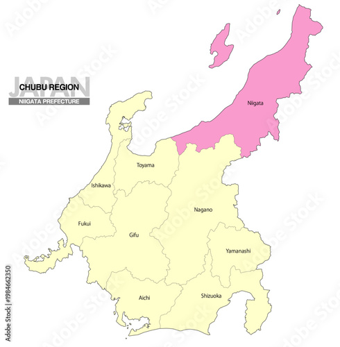 [日本地図] 中部地方の新潟県の県名入り位置地図 (英語)