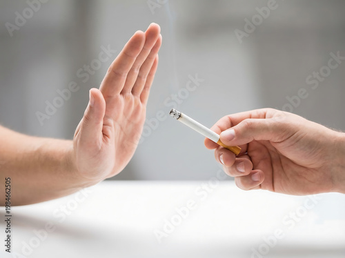 hand refusing cigarette from another hand stop smoking concept on neutral background