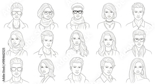 Collection of diverse hand-drawn portraits in sketch style.