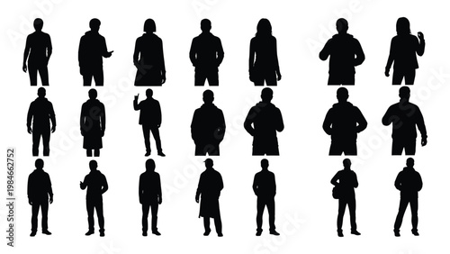 A collection of diverse black silhouettes depicting various people in different poses and clothing high quality
