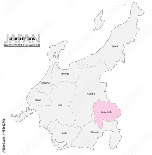 [日本地図] 中部地方の山梨県の県名入り位置地図 (英語)
