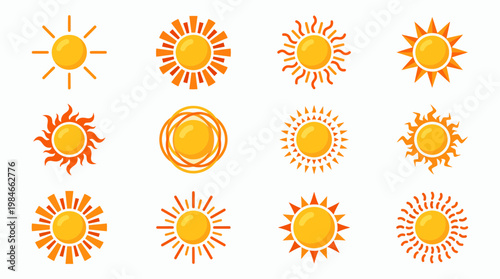 Collection of twelve orange and yellow flat sun icons with various ray designs on white background, concept for weather forecasting apps, solar energy branding and summer seasonal marketing
