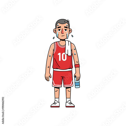 Tired Basketball Player Sweating After Game, Holding Water Bottle - Cartoon Style