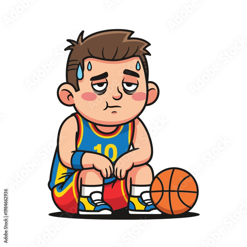 Tired Basketball Player Boy Crouching Next to Ball, Exhausted Athlete Resting