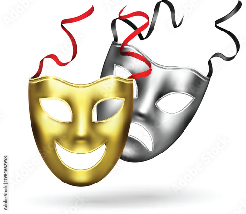 Golden comedy and silver tragedy theater masks with ribbons vector