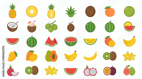 Collection of colorful flat tropical fruit icons set including pineapple watermelon banana and mango isolated on white, concept for healthy lifestyle, menu design and educational materials