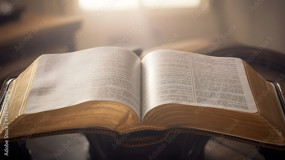 Fototapeta premium Open Book of Scripture in Peaceful Warm Atmosphere