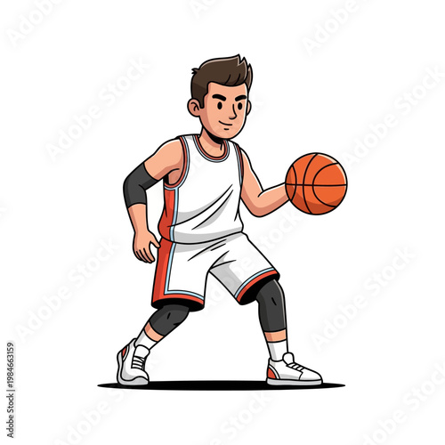 Young basketball player dribbling ball, athletic man in sportswear, isolated on white background