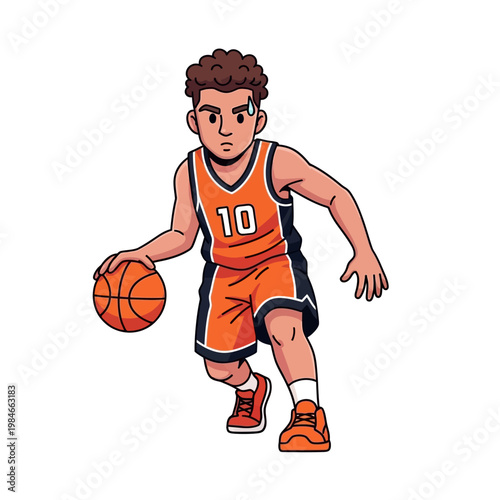 Young Basketball Player Dribbling Ball, Athletic Sport, Cartoon Style
