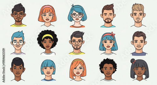 Diverse Group of Cartoon People Faces Avatars Collection.