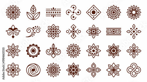 Collection of minimalist ethnic mandala symbols and floral geometric line art icons on white background, concept for luxury spa branding, yoga studio identity and organic product packaging