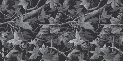 Gray hunting camouflage design. Real tree camo background. Digital camouflage. Dark pattern. Grey camo seamless pattern. 
