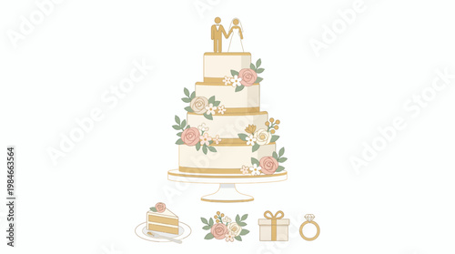 Elegant four tiered wedding cake decorated with pastel roses and bride groom toppers on white background, concept for marriage celebration, bridal shower invitation and bakery promotion