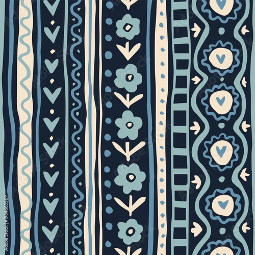 Seamless geometric floral stripe pattern. Hand drawn abstract elements in blue tones. Calm beige and navy color palette. Modern minimal design for textile and decor. Vector illustration.
