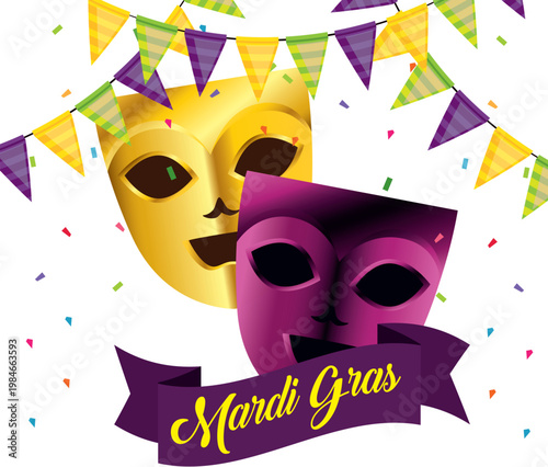 Traditional theatrical masks in gold silver with red ribbon vector