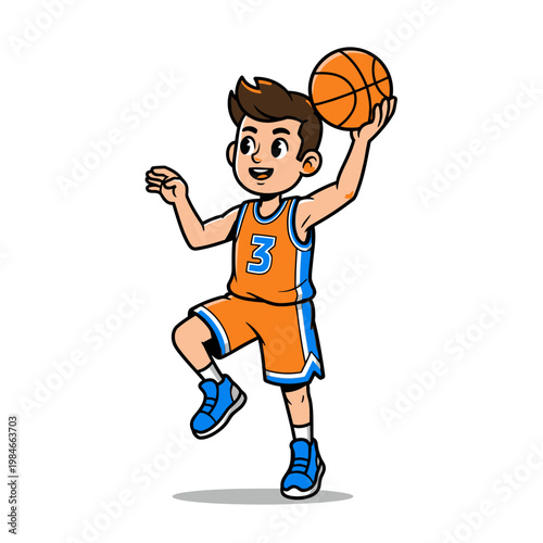 Young Boy Playing Basketball, Cartoon Character, Sports Action, Isolated on White